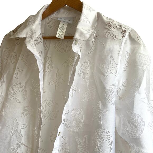 Alfred Dunner Sea Shell Beachy Print White Poplin Button Down Shirt Medium - Picture 1 of 7